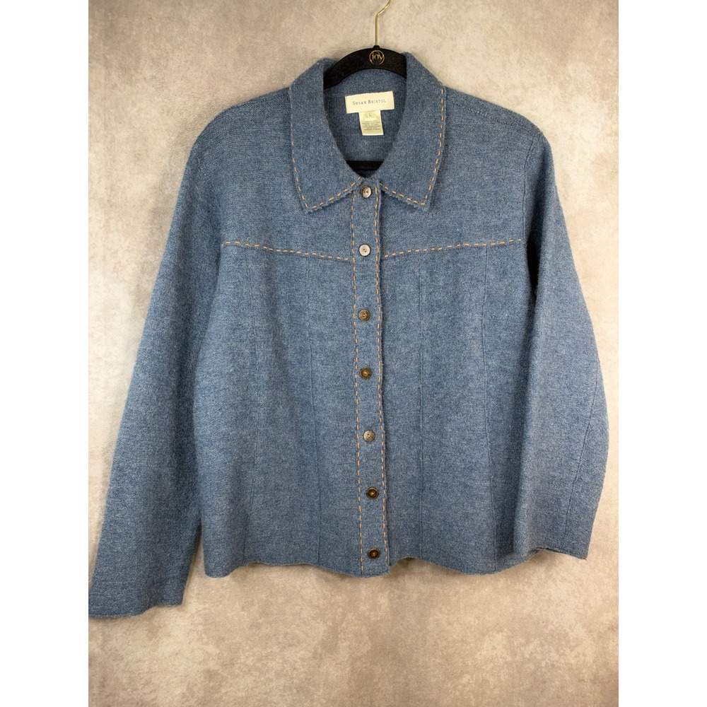 VTG Susan Bristol Cardigan Women Large Blue 100% Wool Hand Embroidered Stitch